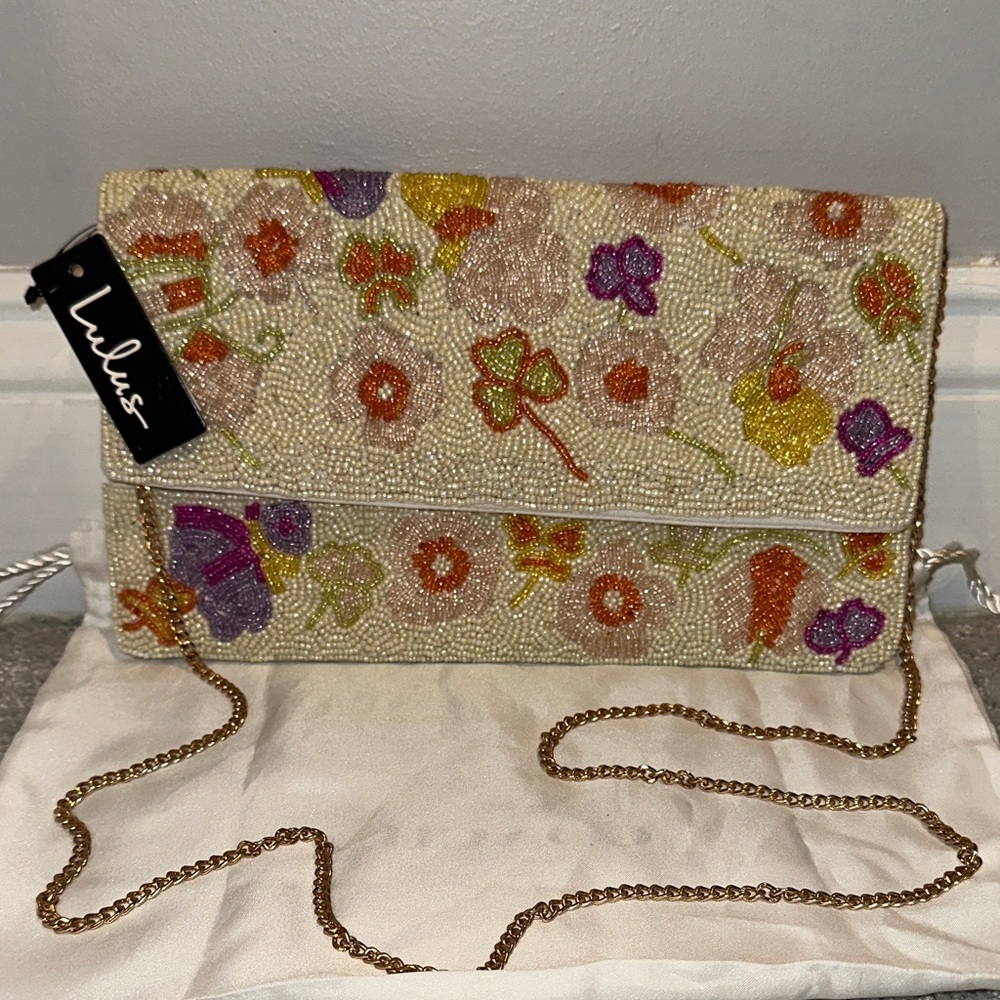 Lulu's Beaded Floral Clutch - Cream and Multicolor
